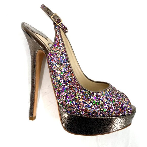 Jimmy Choo CLUE Glitter Gold Slingback Platform Open Toe Sandals Shoes Sz 38.5 - Picture 13 of 16